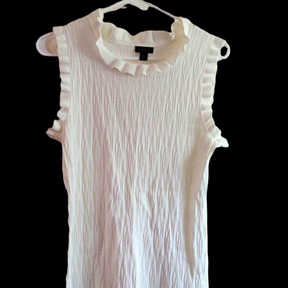 Ann Taylor Ruffled Neck Sleeveless Sweater, White, Size Large
